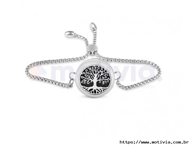 Pulseira Difusor - Pingente 20mm - rvore da Vida - Prateado - Ao Inox