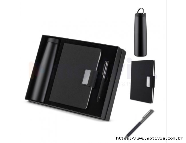 Kit escritrio Caderno, Garrafa e Caneta Metalica