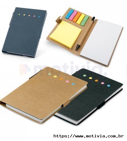 blocos adesivados com 25 folhas cada e capa em papel kraft reciclado