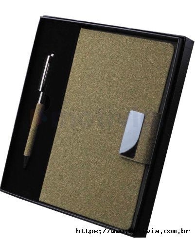 Kit escrit�rio A5 em PU e fibra de caf� ou ch� e Caneta Metalica